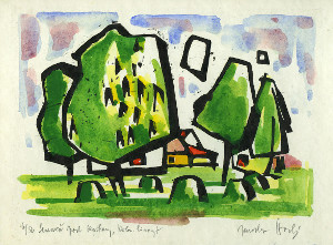 
      		Senoseč pod kaštany, kolorovaný linoryt, 1985      	